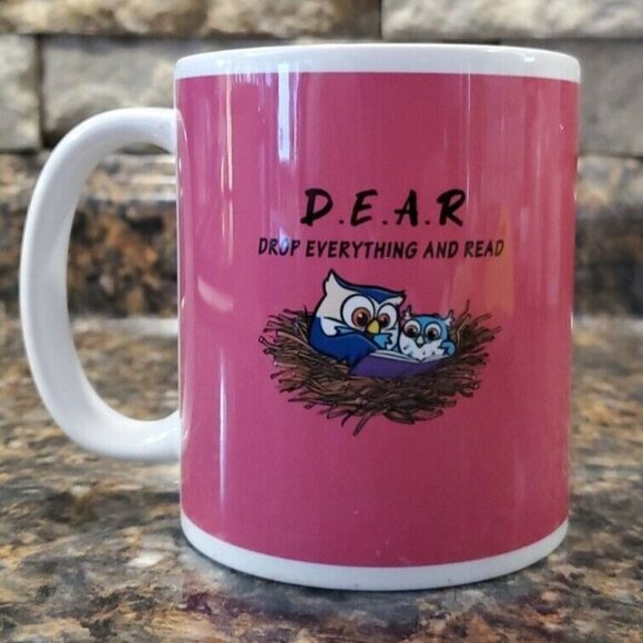 D.E.A.R Drop Everything And Read Owl Orca Coatings Pink Mug Coffee ,Tea,Hot Ccco - Picture 1 of 7